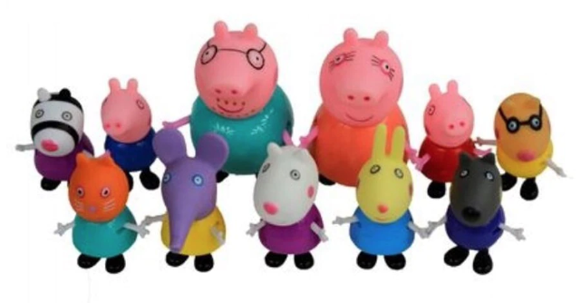 Set 11 figurine Peppa Pig, dimensiuni intre 5 si 9 cm, din plastic si cauciuc, multicolor